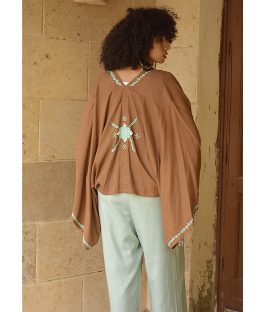 Cinnamon Brown Siwa Embroidered Linen Bolero made in Egypt & available at Jozee Boutique.