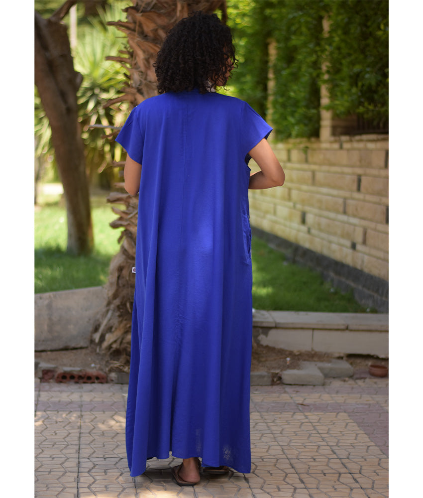 Electric Blue Siwa Embroidered Linen Japanese Dress handmade in Egypt & available at Jozee Boutique.