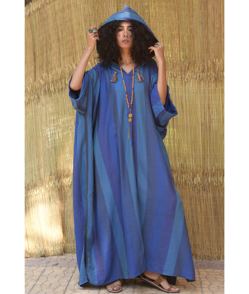 Blue Viscose Kaftan with Hoodie