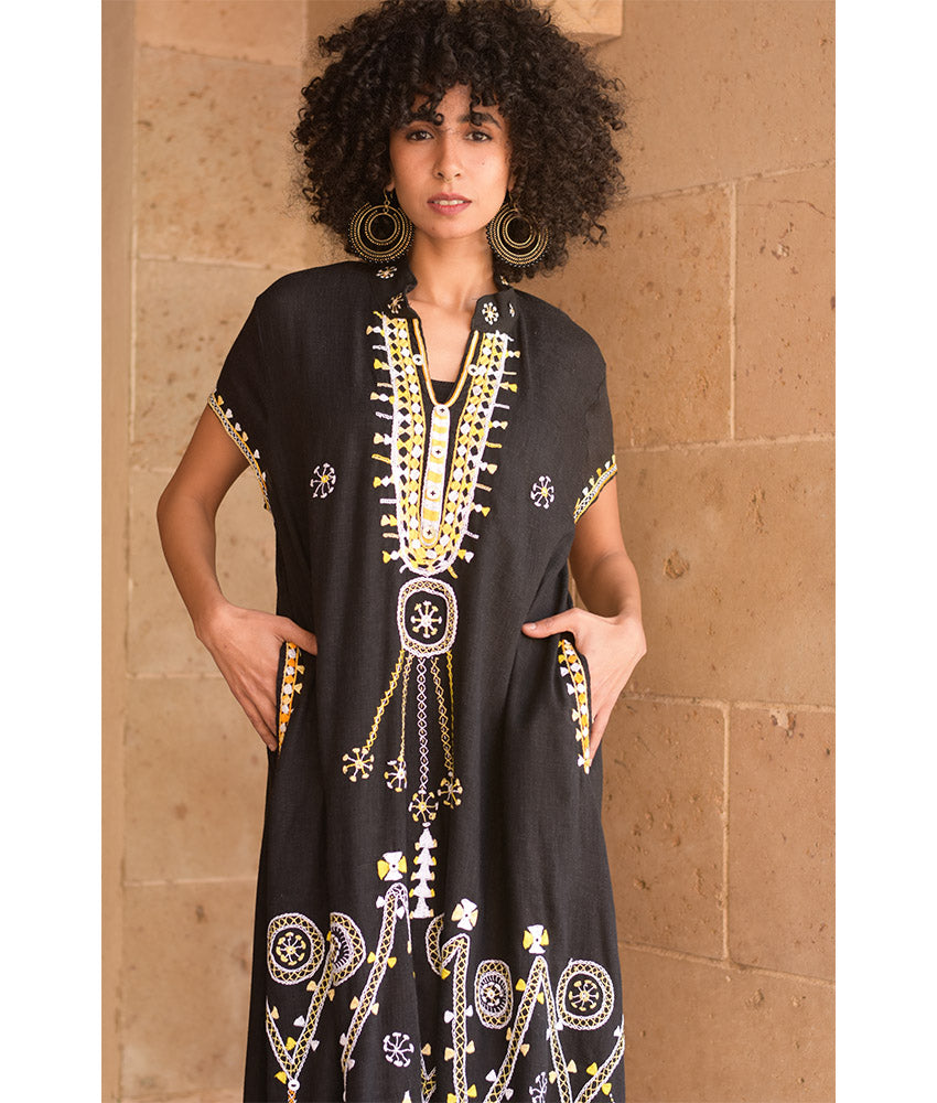 Black Siwa Embroidered Linen Dress with Hoodie handmade in Egypt & available at Jozee Boutique.