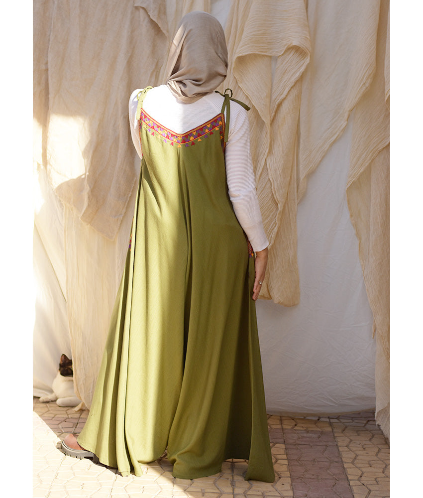 Army green Siwa Embroidered Linen Flowy Jumpsuit/Dress handmade in Egypt & available at Jozee Boutique.
