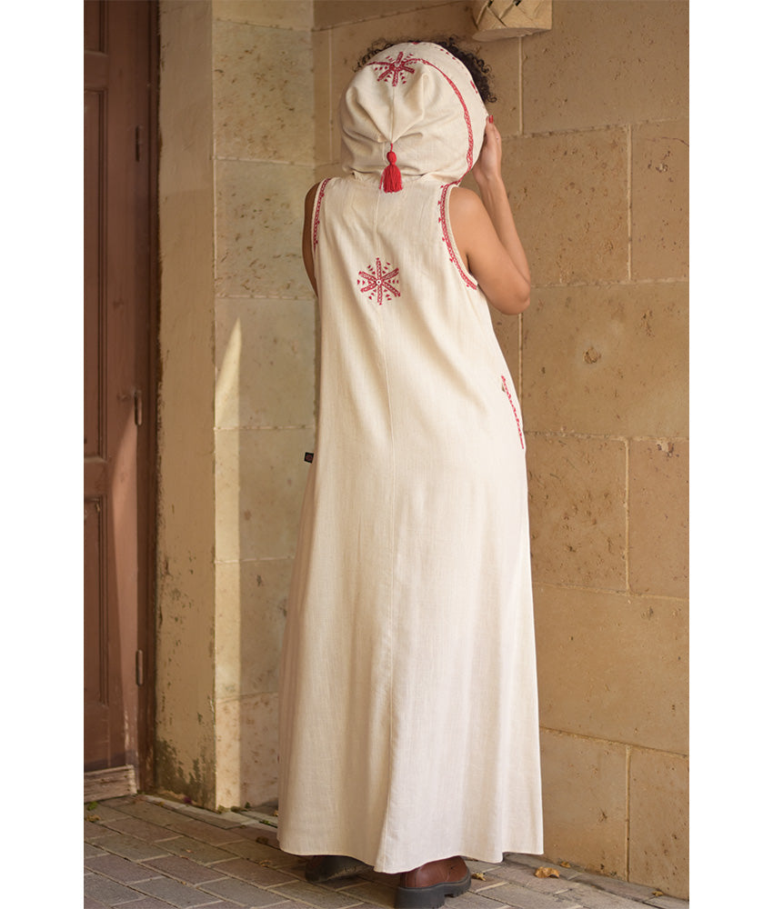 Off white Siwa Embroidered Linen Dress with Hoodie handmade in Egypt & available at Jozee Boutique.