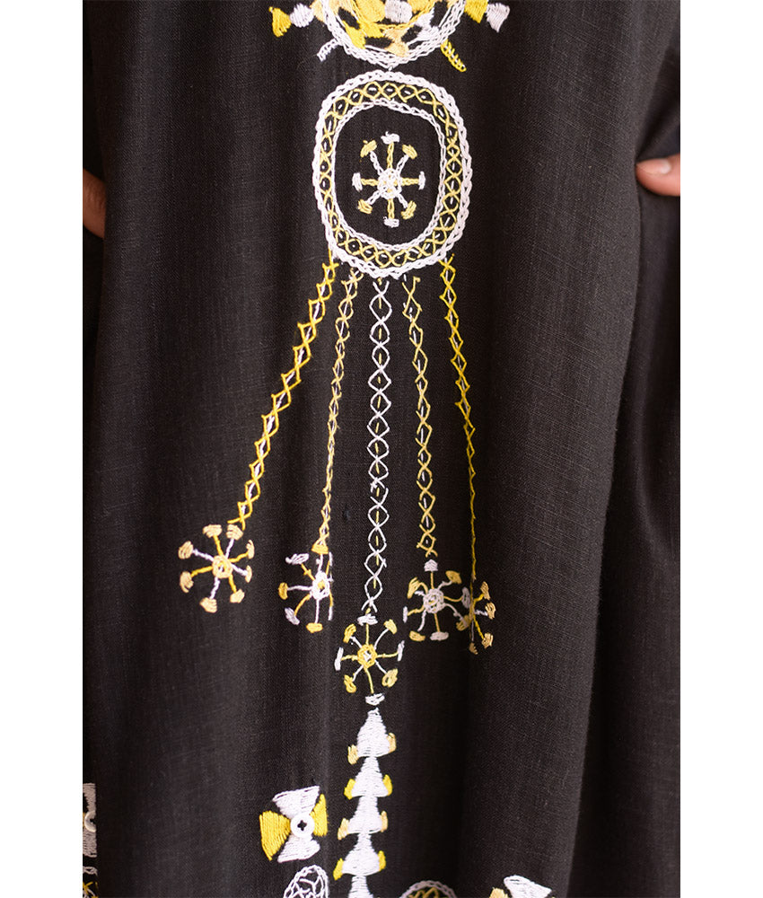 Black Siwa Embroidered Linen Dress with Hoodie handmade in Egypt & available at Jozee Boutique.