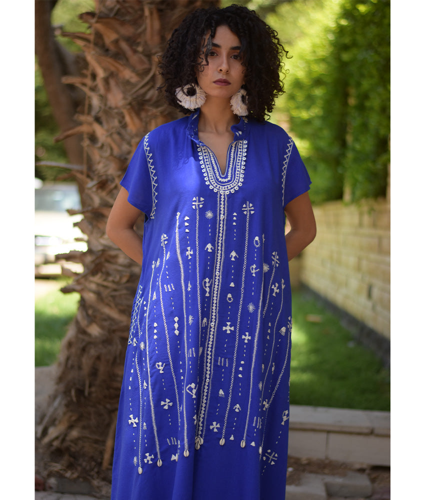 Electric Blue Siwa Embroidered Linen Japanese Dress handmade in Egypt & available at Jozee Boutique.