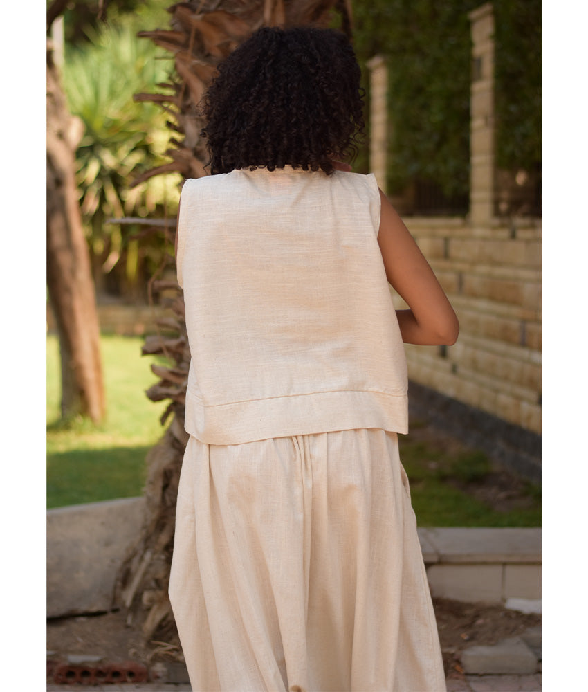 Off White Linen Set with Hand Embroideries handmade in Egypt & available at Jozee Boutique.