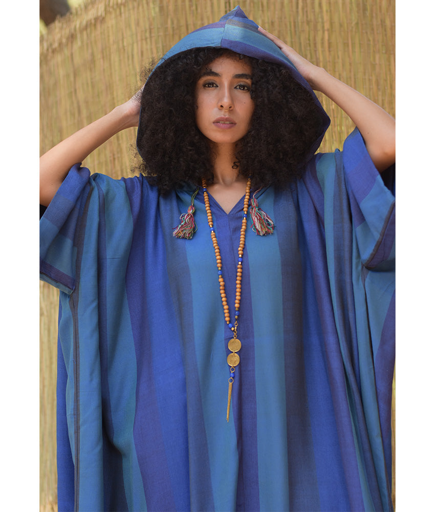 Blue Viscose Kaftan with Hoodie