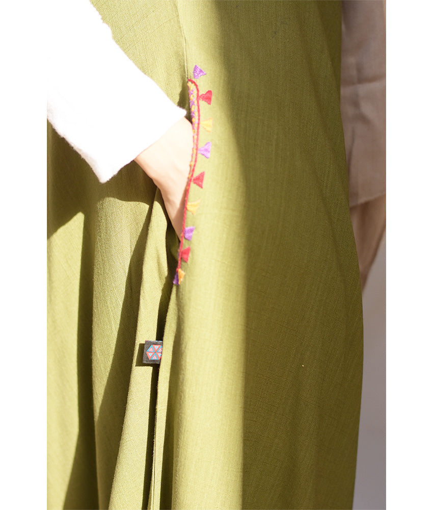 Army green Siwa Embroidered Linen Flowy Jumpsuit/Dress handmade in Egypt & available at Jozee Boutique.