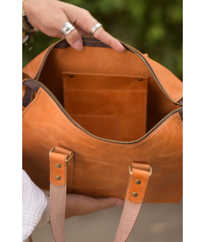 Camel Genuine Leather hand bag handmade in Egypt and available at Jozee Boutique.