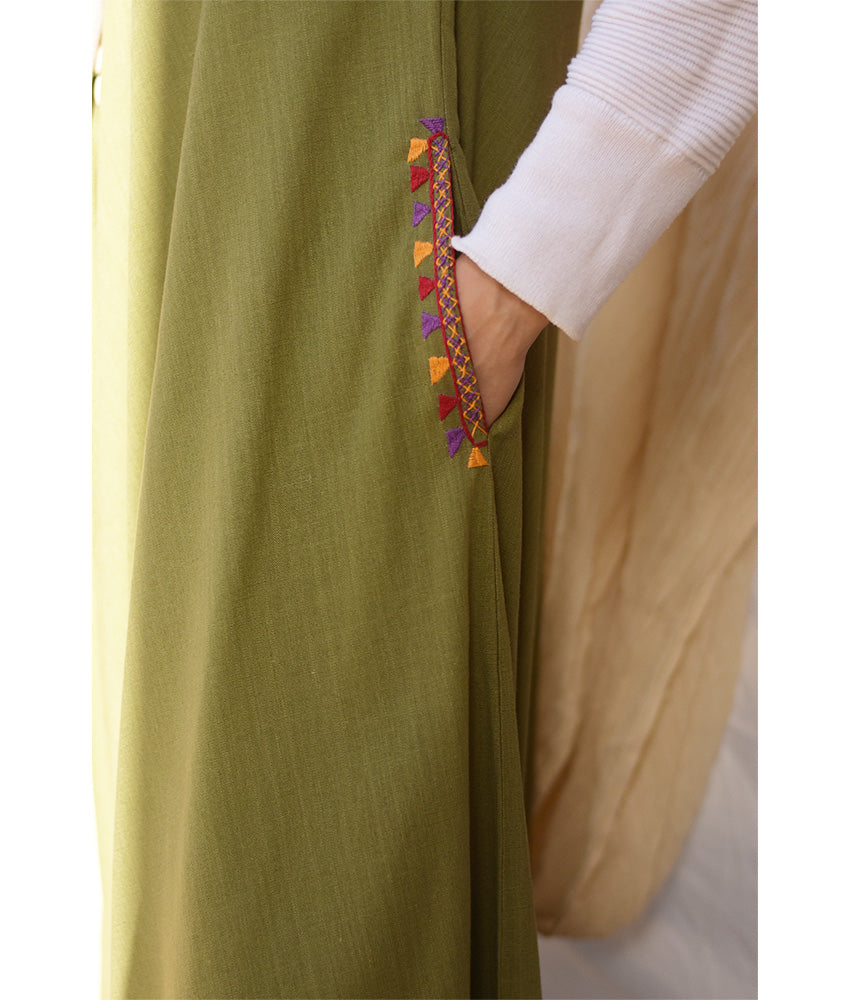 Army green Siwa Embroidered Linen Flowy Jumpsuit/Dress handmade in Egypt & available at Jozee Boutique.