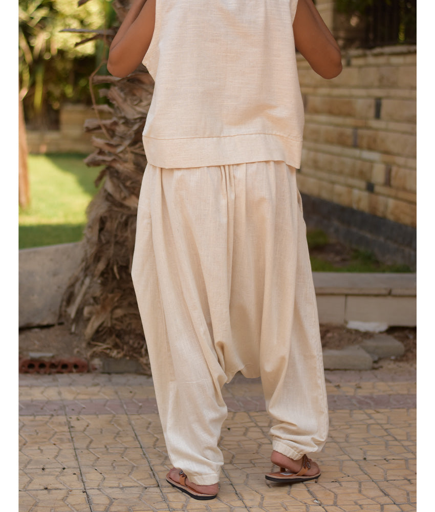 Off White Linen Set with Hand Embroideries handmade in Egypt & available at Jozee Boutique.