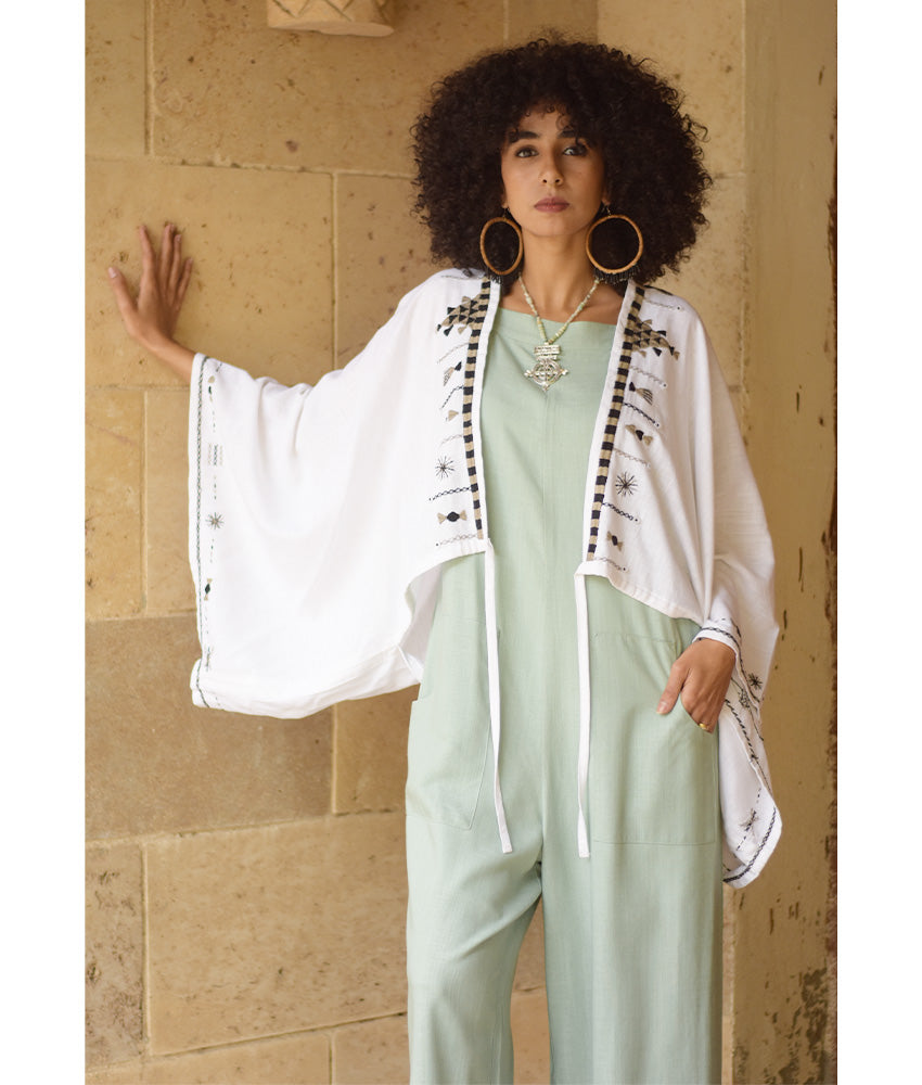 White Siwa Embroidered Linen Bolero made in Egypt & available at Jozee Boutique.
