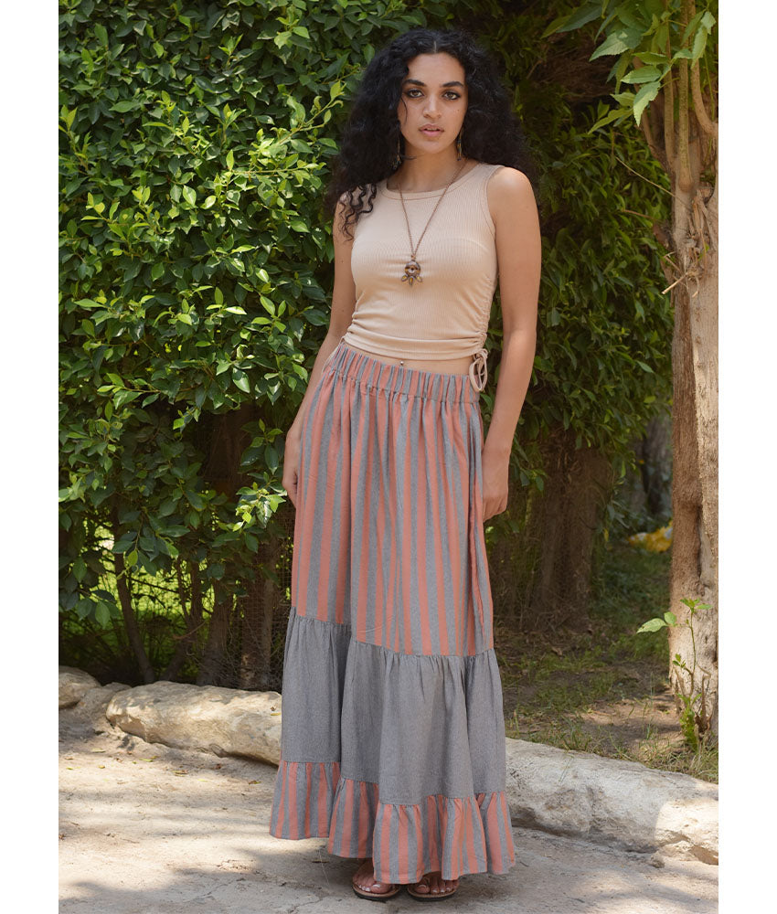 Grey & Cinnamon Handwoven Ruffle Skirt handmade in Egypt & available at Jozee Boutique.
