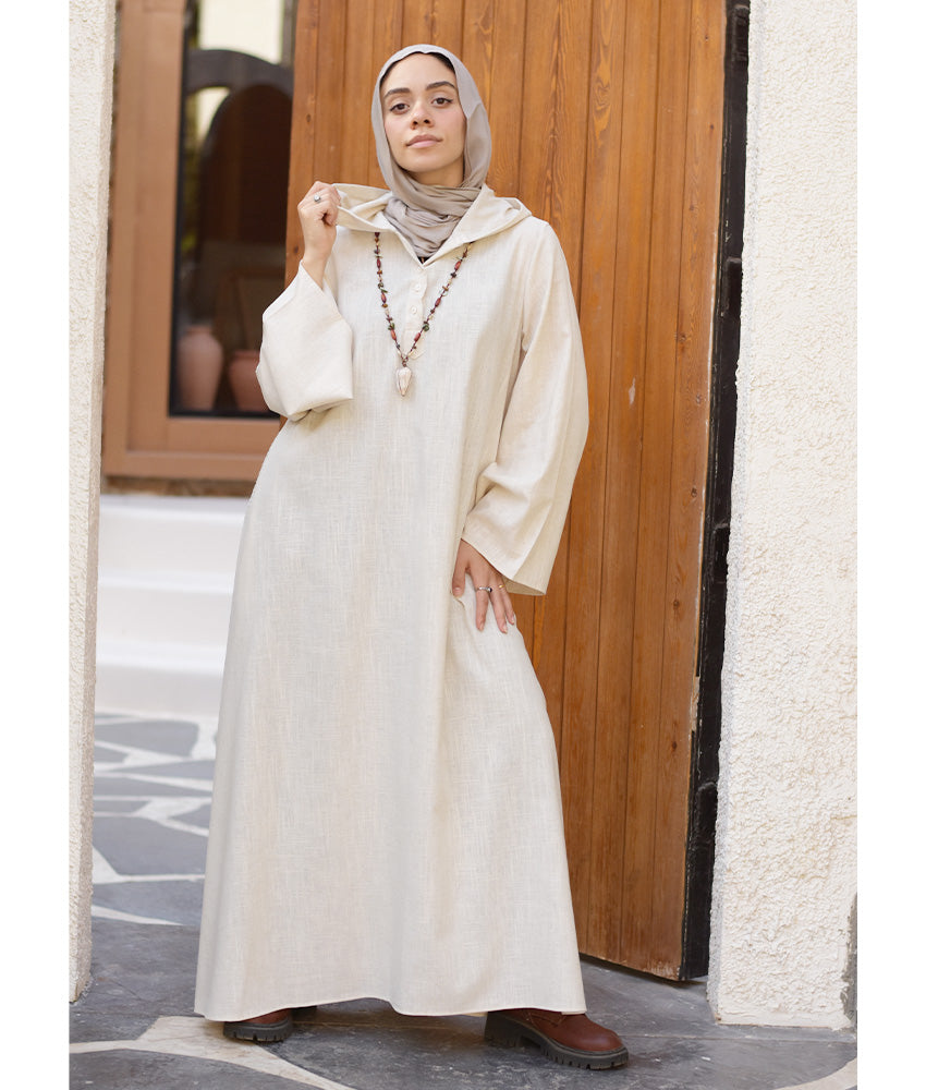 Off White Linen Dress with Hoodie handmade in Egypt & available at Jozee Boutique.