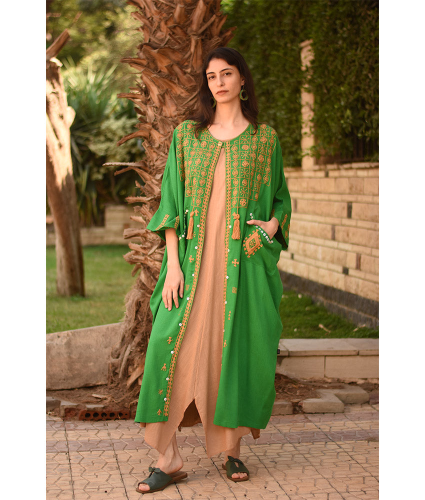 Green Siwa Embroidered Handwoven Linen Cardigan handmade in Egypt & available at Jozee Boutique.