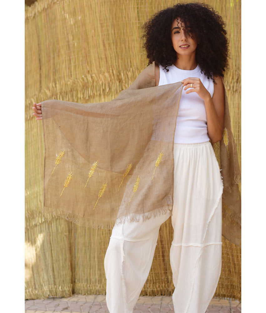 Beige Embroidered Linen Shawl - Palm