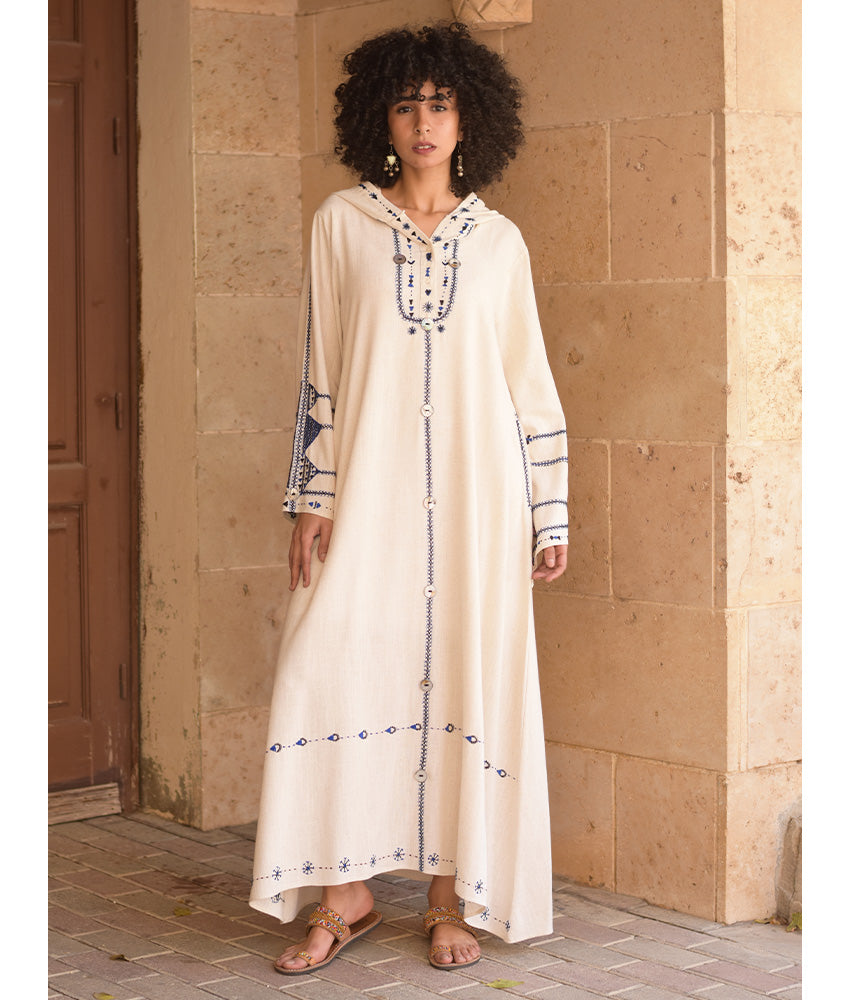 Off white Siwa Embroidered Linen Dress with Hoodie handmade in Egypt & available at Jozee Boutique.