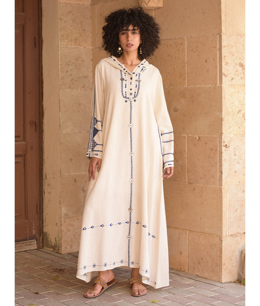 Off white Siwa Embroidered Linen Dress with Hoodie handmade in Egypt & available at Jozee Boutique.