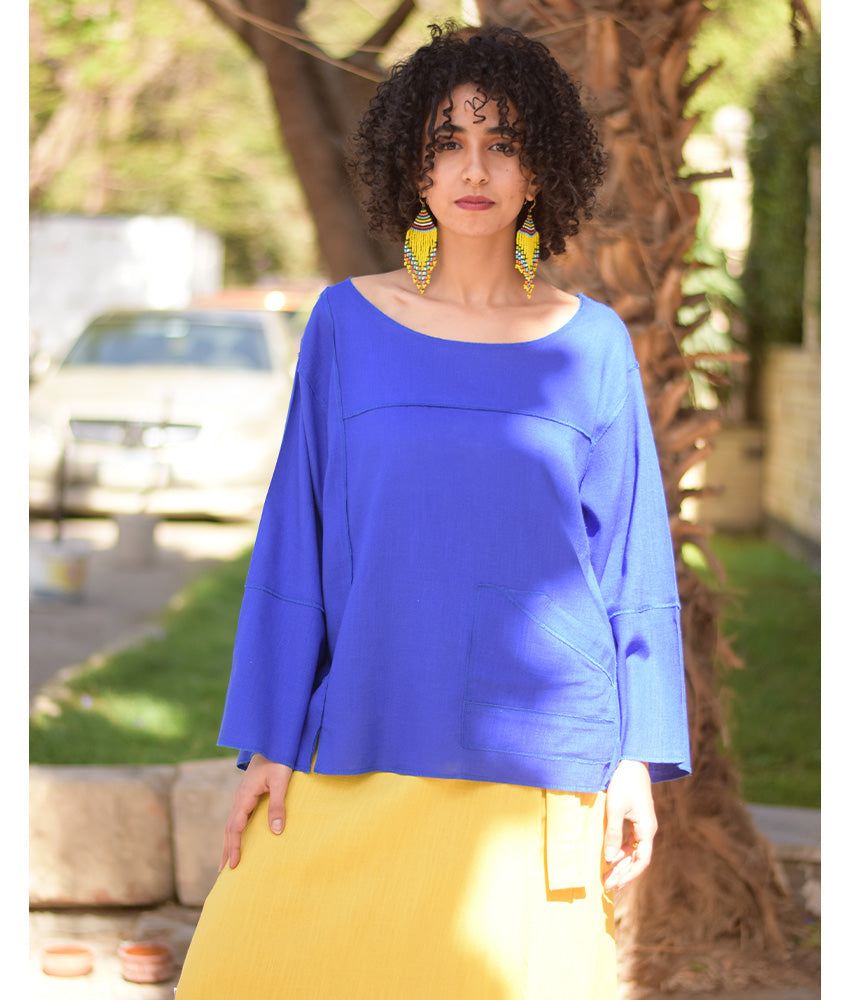 Electric Blue Linen Boxy Top handmade in Egypt & available at Jozee Boutique.