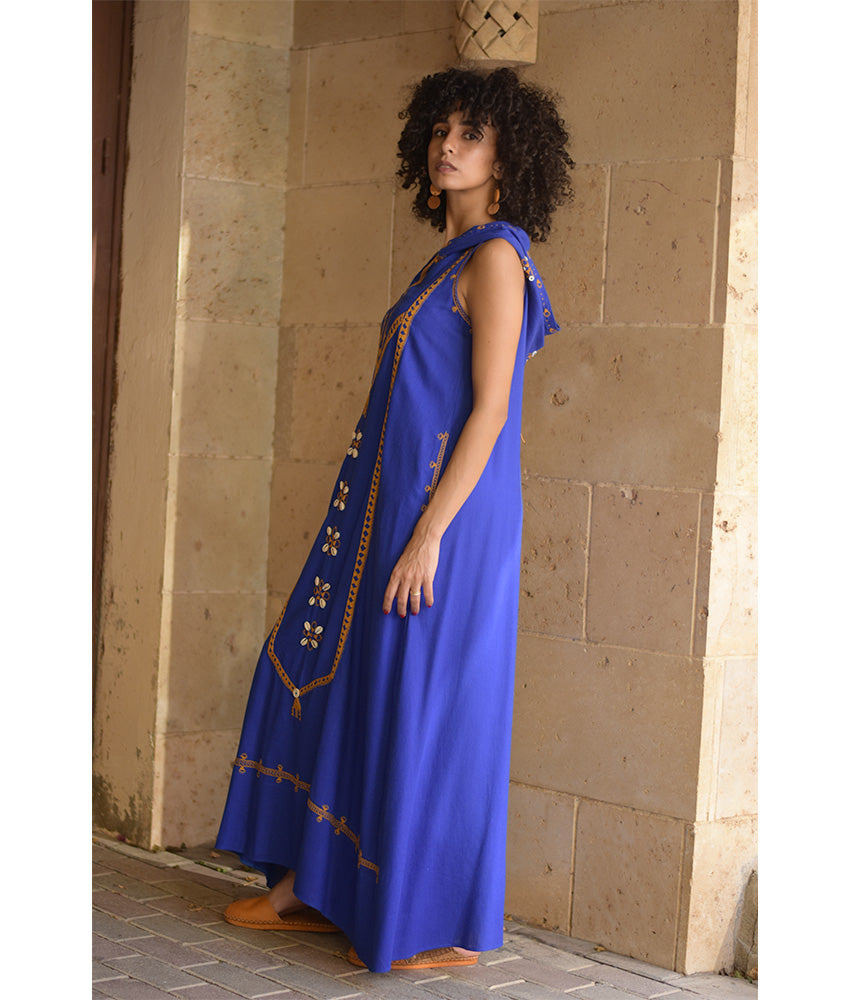 Electric Blue Siwa Embroidered Linen Dress with Hoodie handmade in Egypt & available at Jozee Boutique.