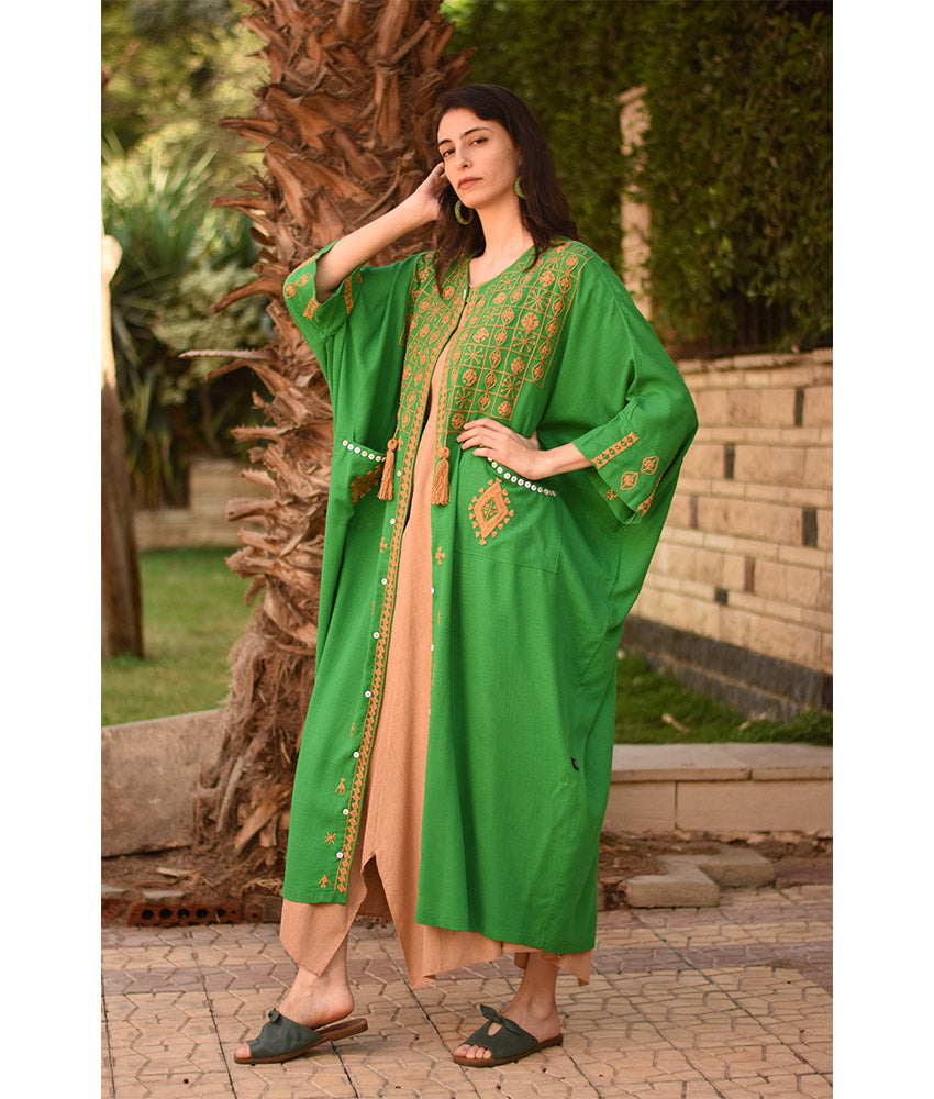 Green Siwa Embroidered Handwoven Linen Cardigan handmade in Egypt & available at Jozee Boutique.