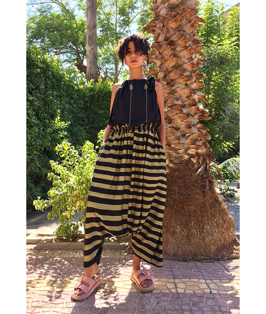 Black & Gold Adjustable Viscose Jumpsuit handmade in Egypt & available in Jozee boutique