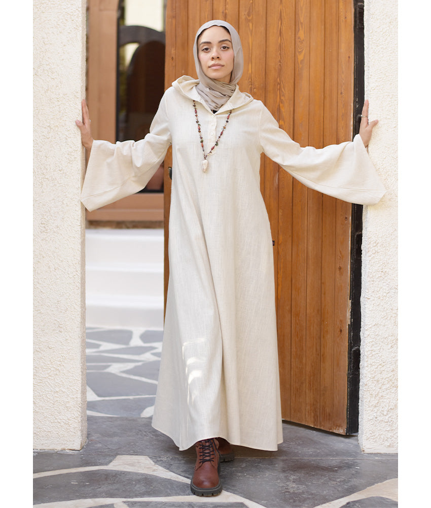 Off White Linen Dress with Hoodie handmade in Egypt & available at Jozee Boutique.