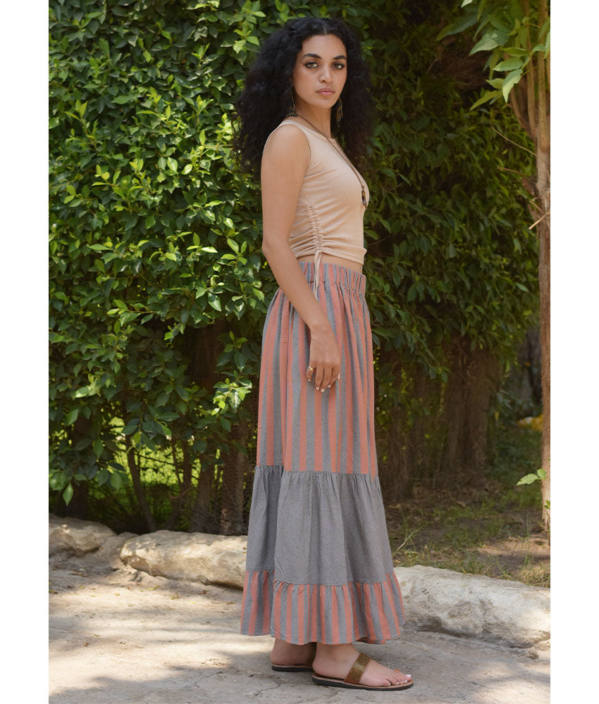 Grey & Cinnamon Handwoven Ruffle Skirt handmade in Egypt & available at Jozee Boutique.