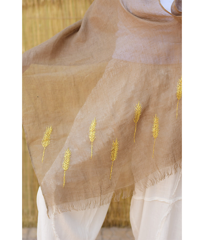 Beige Embroidered Linen Shawl - Palm