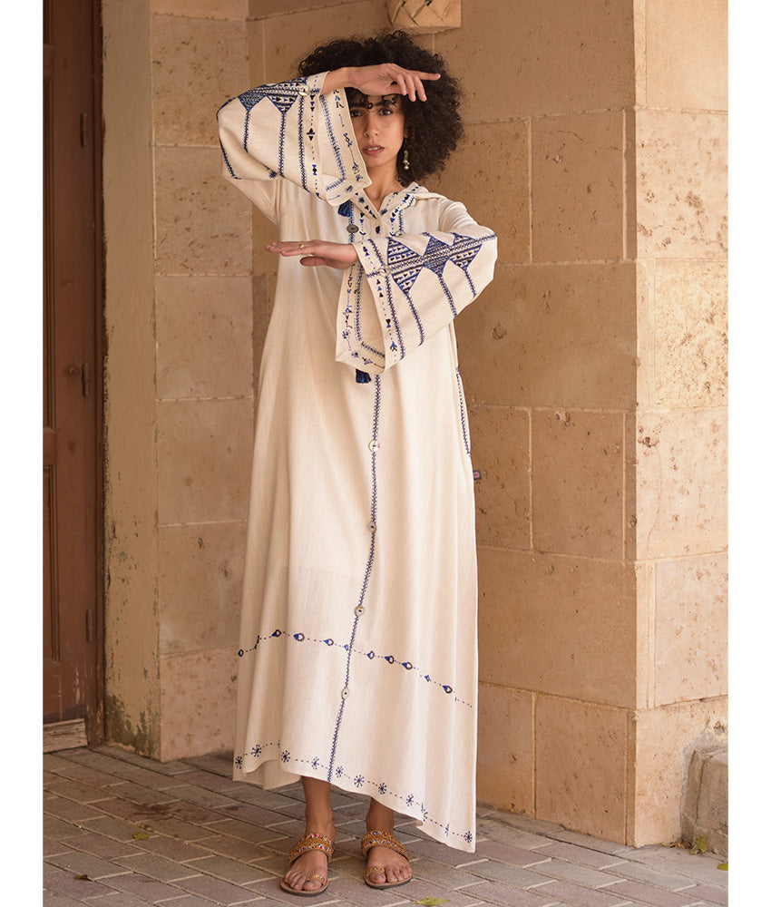 Off white Siwa Embroidered Linen Dress with Hoodie handmade in Egypt & available at Jozee Boutique.