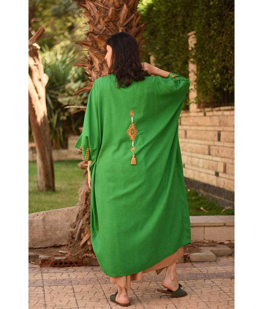 Green Siwa Embroidered Handwoven Linen Cardigan handmade in Egypt & available at Jozee Boutique.