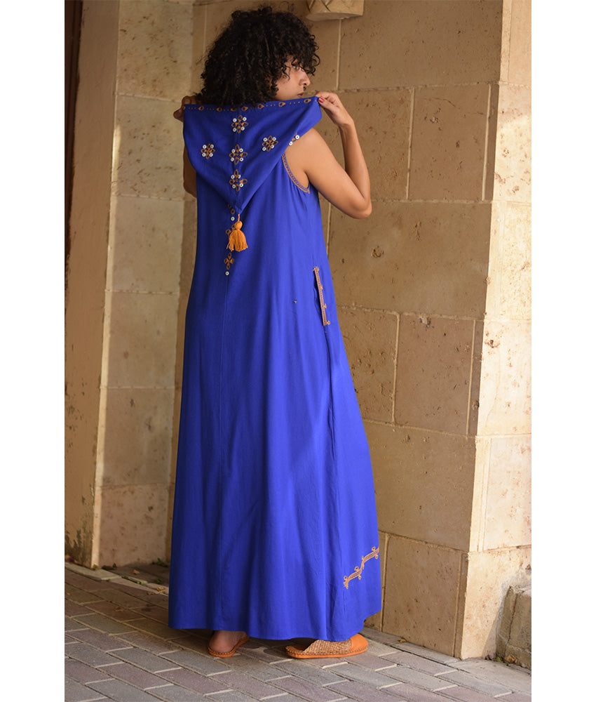 Electric Blue Siwa Embroidered Linen Dress with Hoodie handmade in Egypt & available at Jozee Boutique.