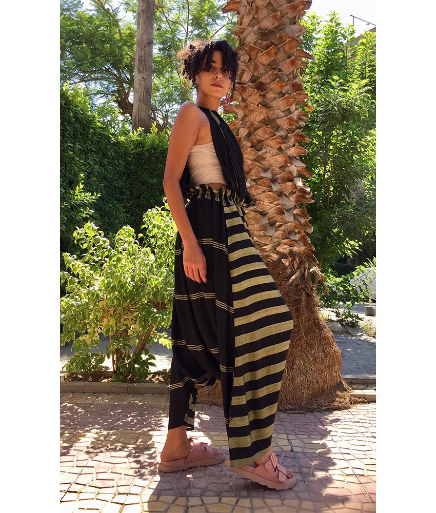 Black & Gold Adjustable Viscose Jumpsuit handmade in Egypt & available in Jozee boutique
