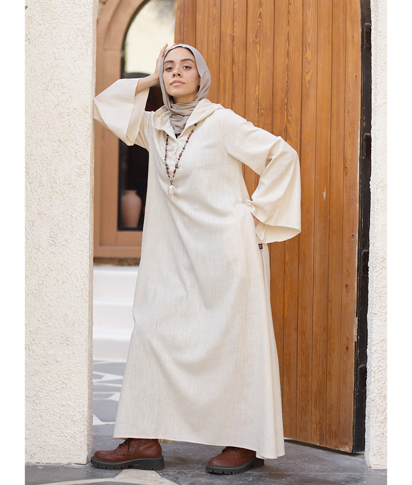 Off White Linen Dress with Hoodie handmade in Egypt & available at Jozee Boutique.