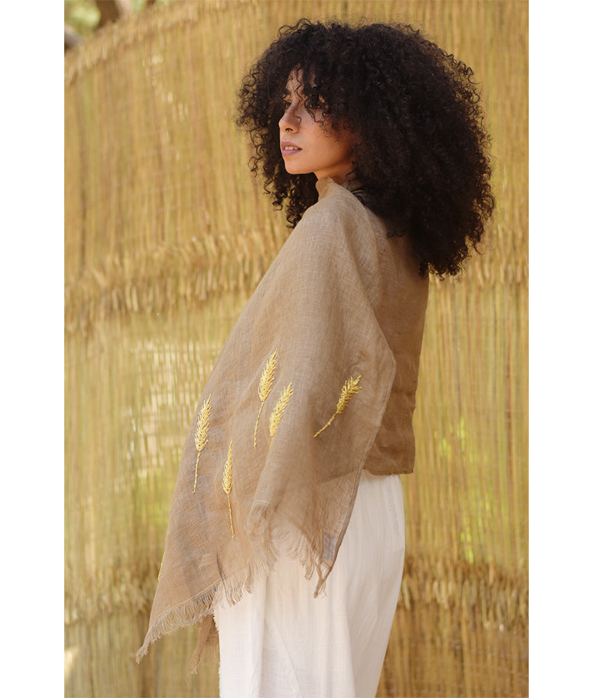Beige Embroidered Linen Shawl - Palm