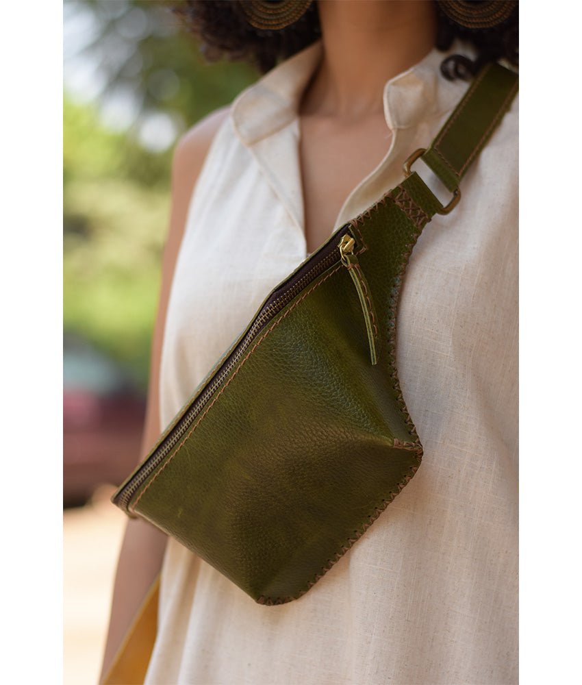 Green Genuine Leather backpack handmade in Egypt and available at Jozee Boutique.