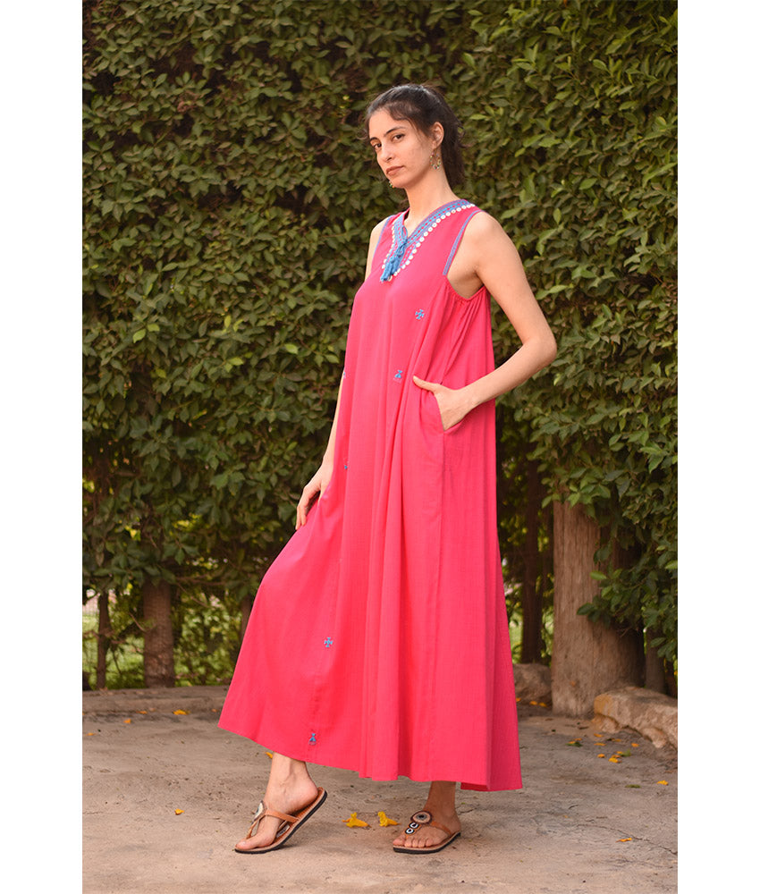 Fuchsia Siwa Embroidered  Linen V-Neck Dress handmade in Egypt & available at Jozee Boutique.