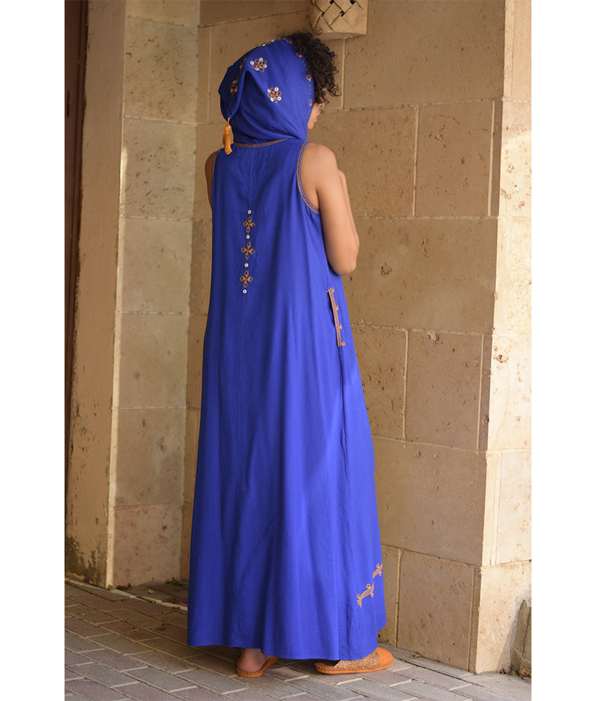 Electric Blue Siwa Embroidered Linen Dress with Hoodie handmade in Egypt & available at Jozee Boutique.