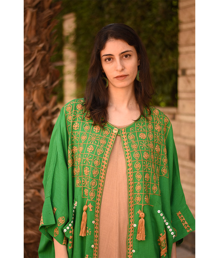 Green Siwa Embroidered Handwoven Linen Cardigan handmade in Egypt & available at Jozee Boutique.