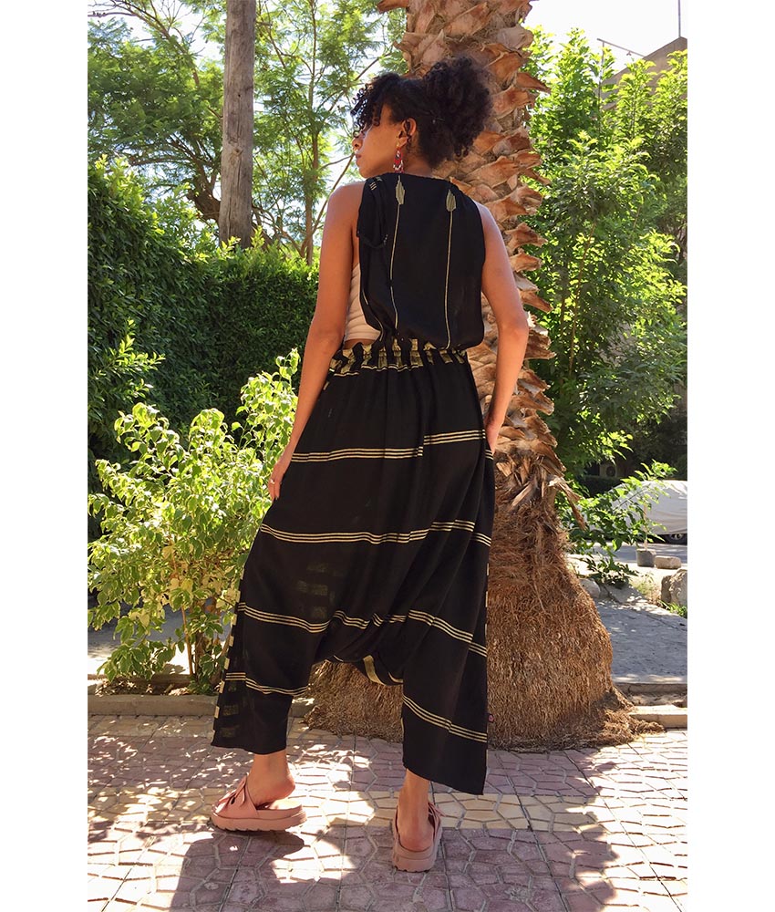 Black & Gold Adjustable Viscose Jumpsuit handmade in Egypt & available in Jozee boutique
