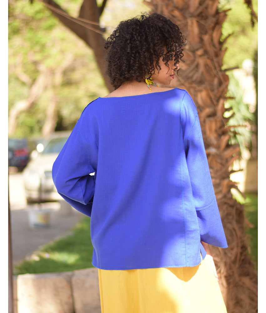 Electric Blue Linen Boxy Top handmade in Egypt & available at Jozee Boutique.