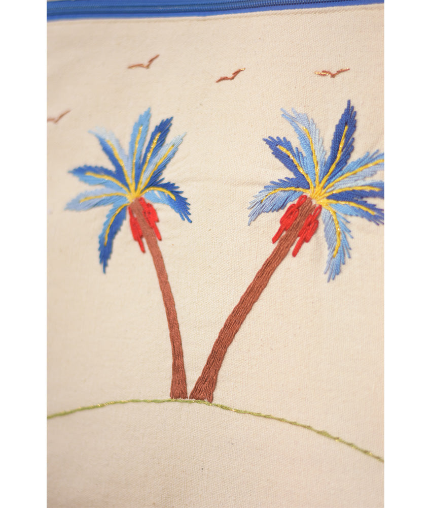 Off white Embroidered Palm Linen Tote Bag handmade in Egypt & available at Jozee Boutique.handmade in Egypt & available at Jozee Boutique.