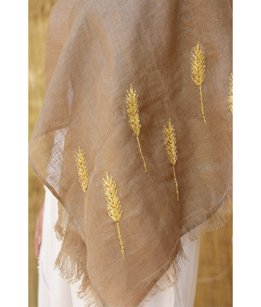 Beige Embroidered Linen Shawl - Palm