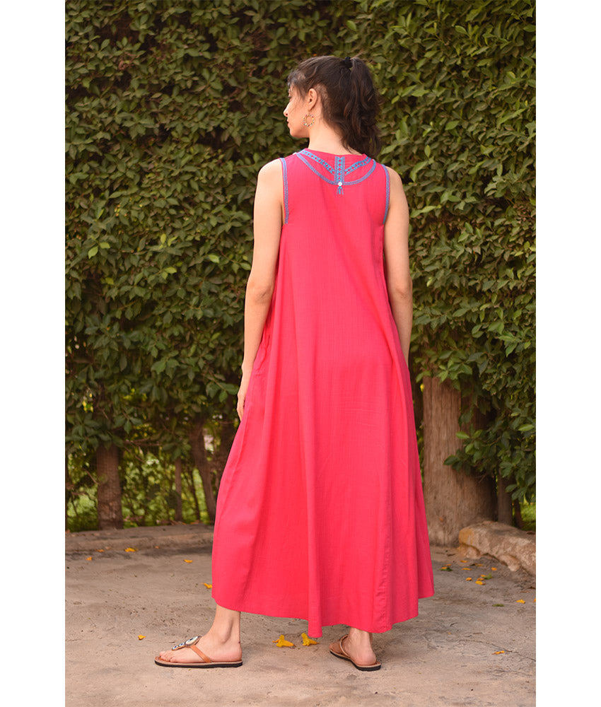 Fuchsia Siwa Embroidered  Linen V-Neck Dress handmade in Egypt & available at Jozee Boutique.