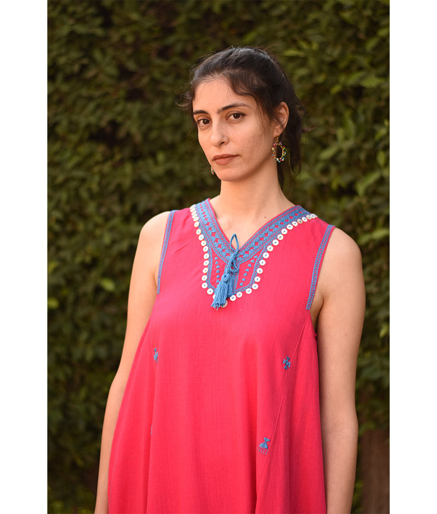 Fuchsia Siwa Embroidered  Linen V-Neck Dress handmade in Egypt & available at Jozee Boutique.