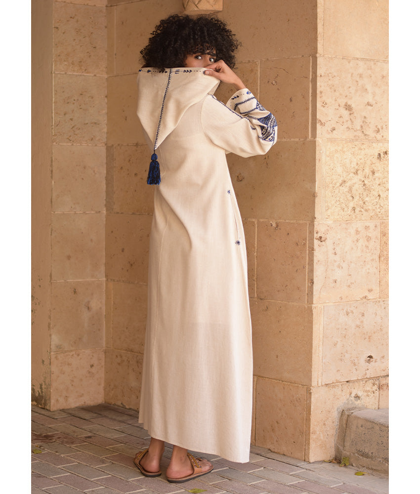 Off white Siwa Embroidered Linen Dress with Hoodie handmade in Egypt & available at Jozee Boutique.