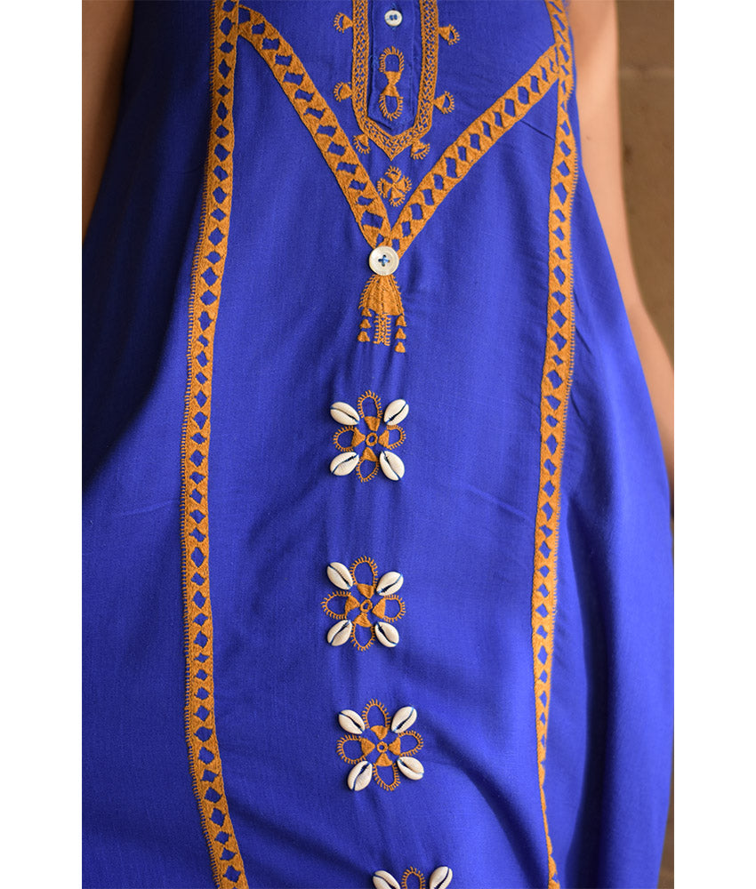 Electric Blue Siwa Embroidered Linen Dress with Hoodie handmade in Egypt & available at Jozee Boutique.