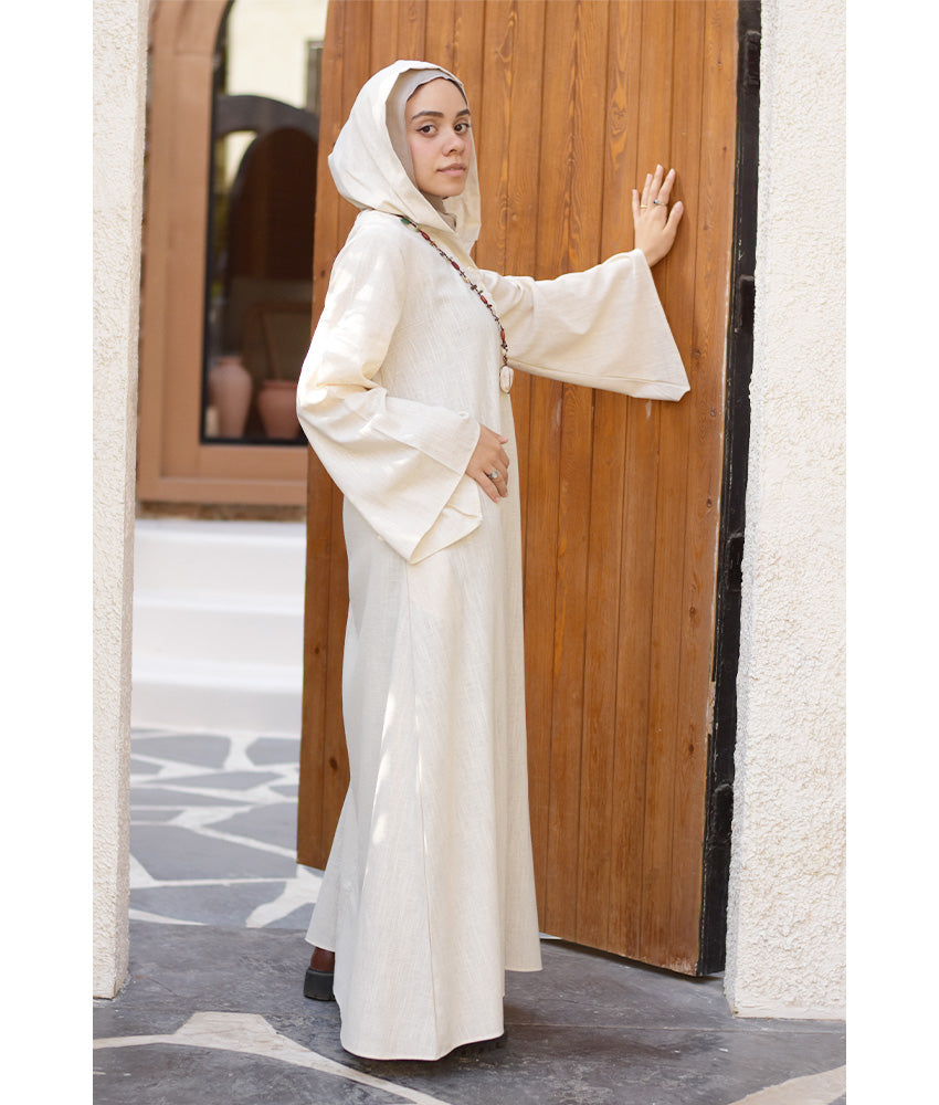 Off White Linen Dress with Hoodie handmade in Egypt & available at Jozee Boutique.