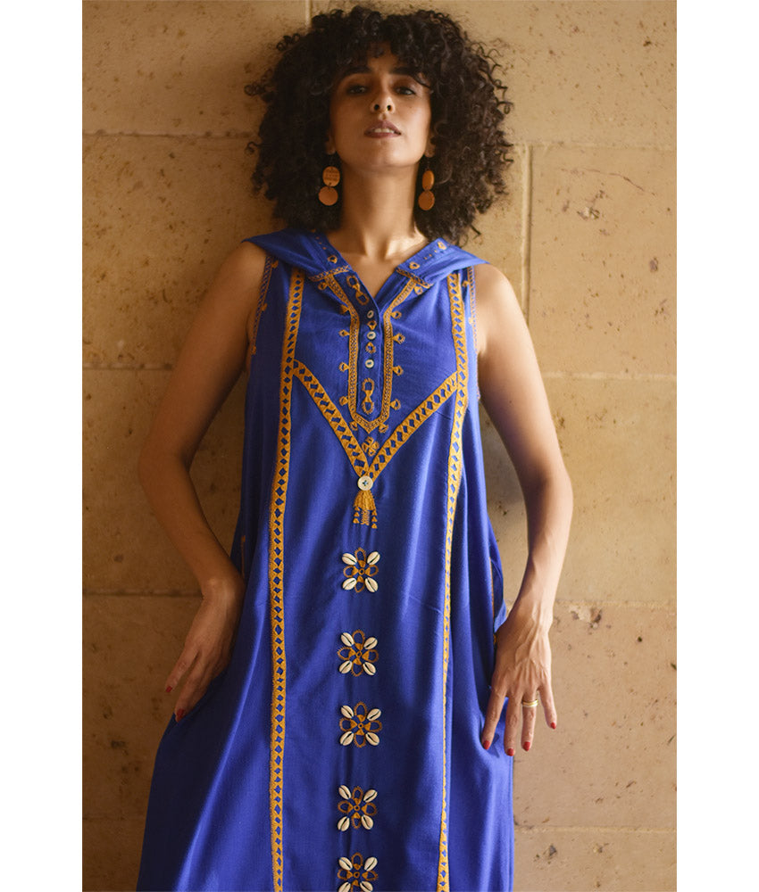 Electric Blue Siwa Embroidered Linen Dress with Hoodie handmade in Egypt & available at Jozee Boutique.