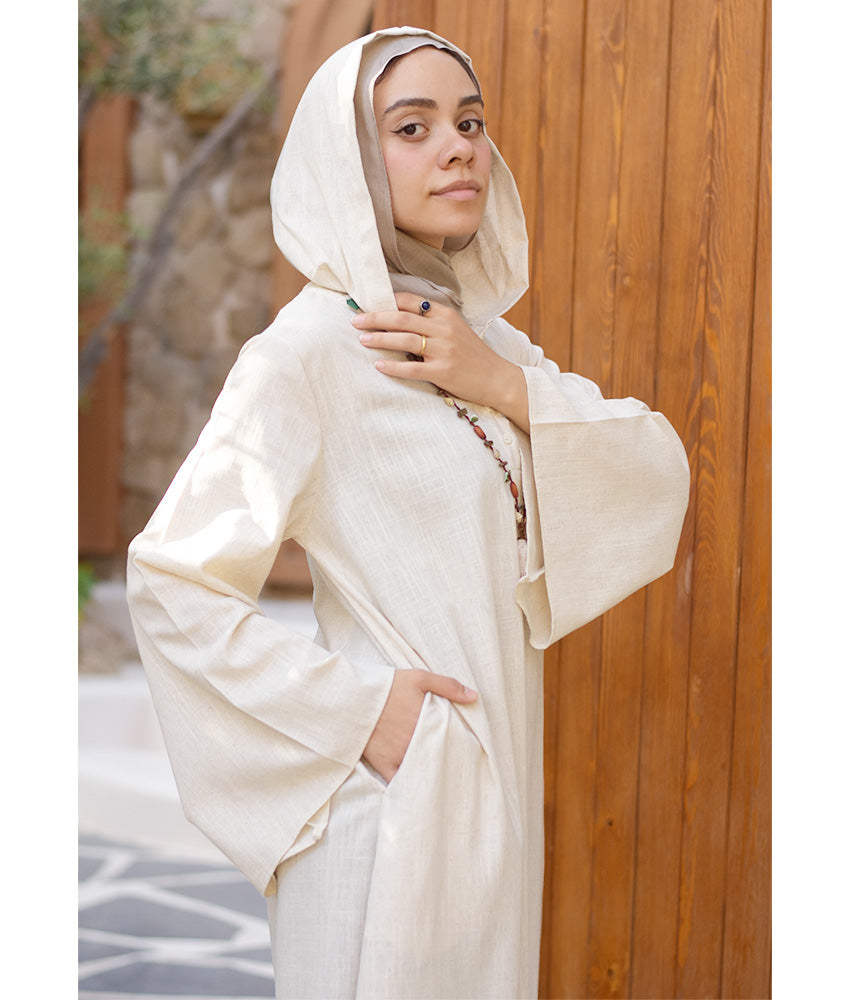Off White Linen Dress with Hoodie handmade in Egypt & available at Jozee Boutique.