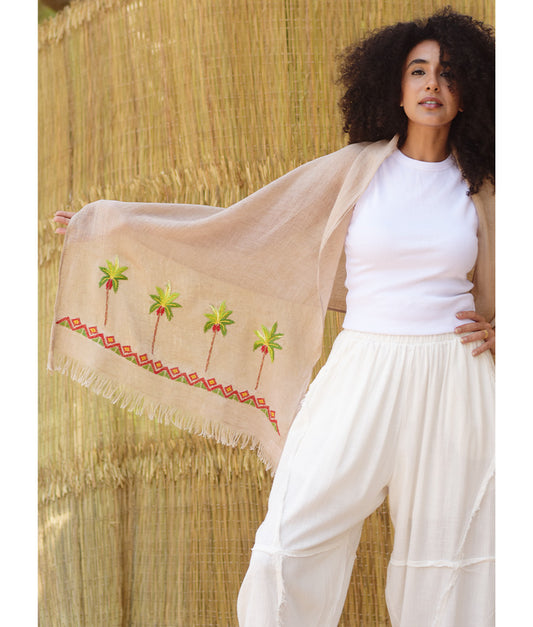 Beige Embroidered Linen Shawl – Palm